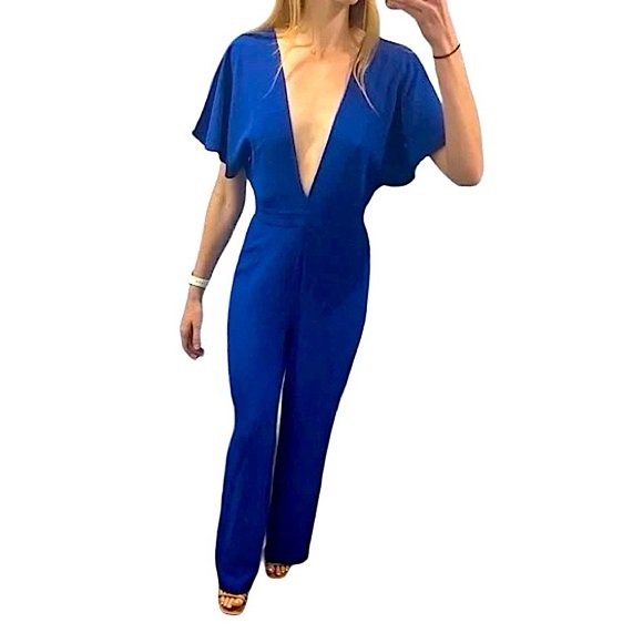 NEW Zara Cobalt Blue Satin Pant Jumpsuit with Plunging Neckline Flutter Sleeves - Picture 1 of 11